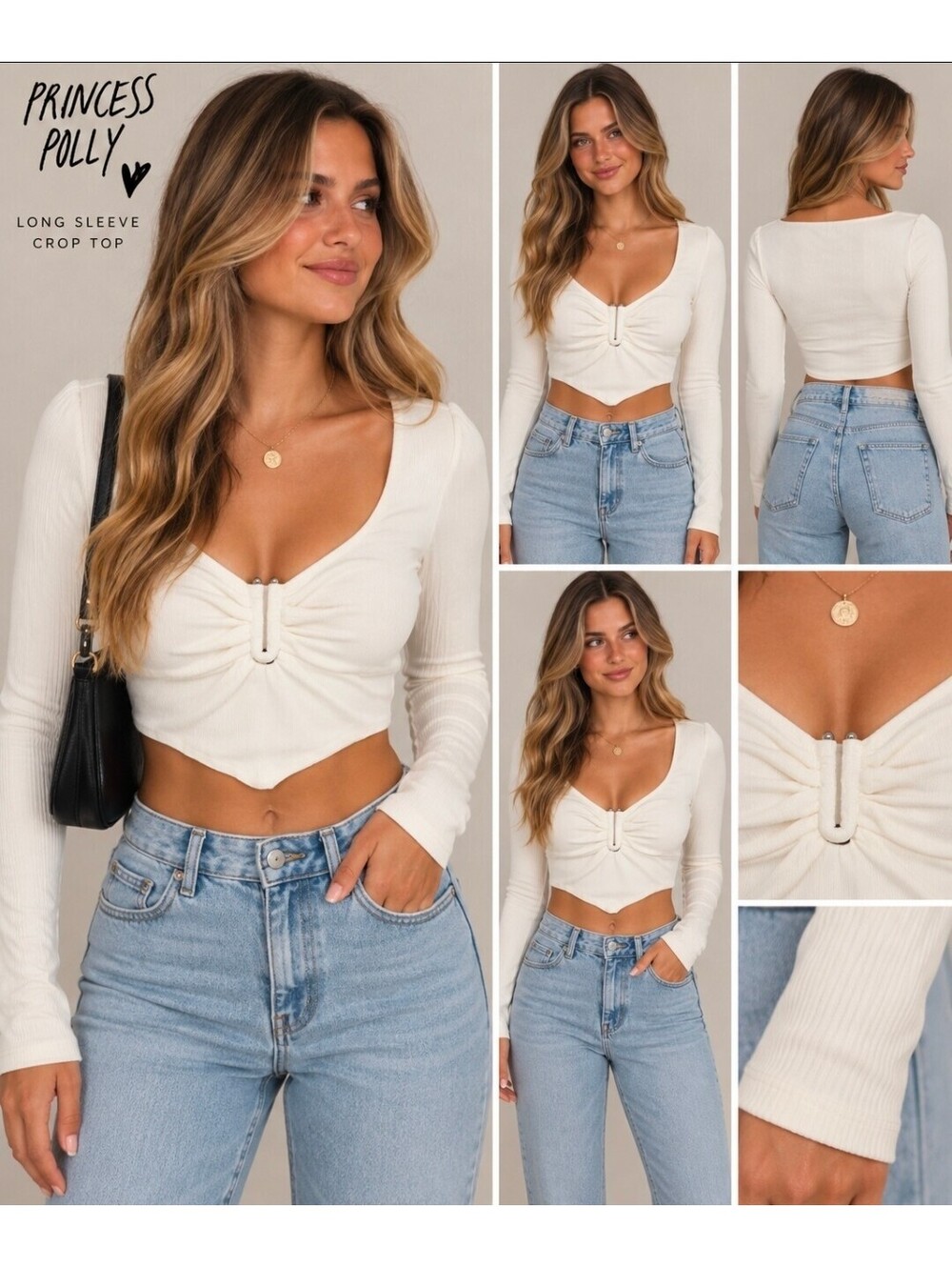 Princess Polly White Ruched Long Sleeve Crop Top Size 4 Y2K Hook Eye